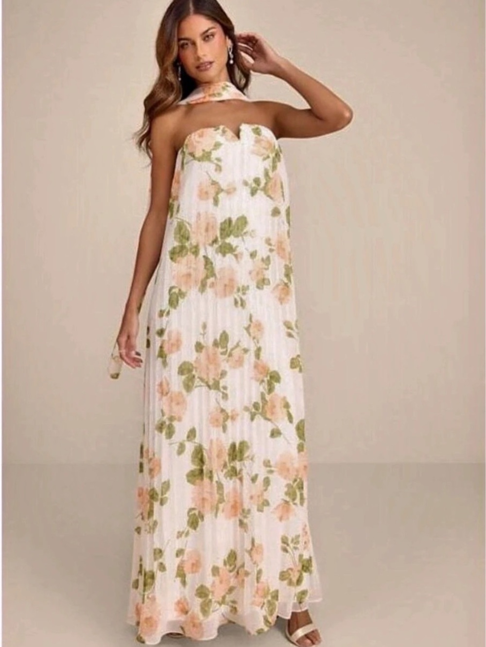 Lulus Lael White Floral Pleated Strapless Dress and Scarf Set